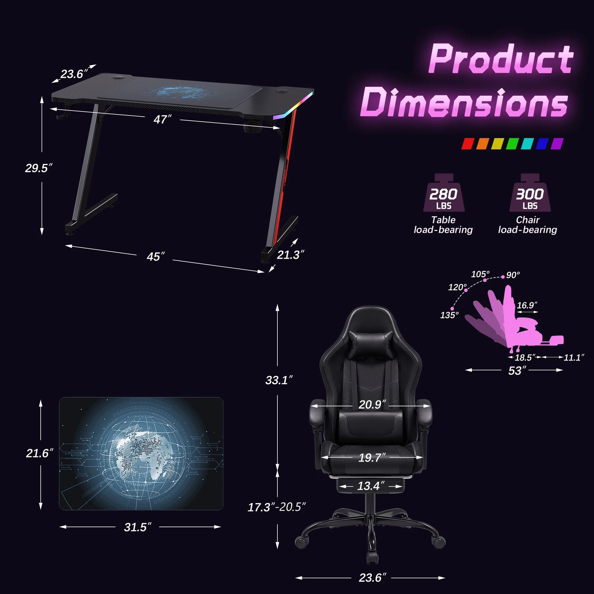 RGB Gaming Desk and Chair Set, Carbon Fiber Desktop Z-Shape Table Massage Ergonomics Racing Chair E-Sports LED Lights RGB Gaming Chair with Footrest, Black