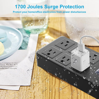 Outdoor Waterproof Power Strip, 6 Flat Plug Outlets, Widely Spaced Outlets,Mountable Weatherproof Surge Protector, Multi Outlet Extension for Camping, Garden, Kitchen, Bathroom, 6Ft Cord