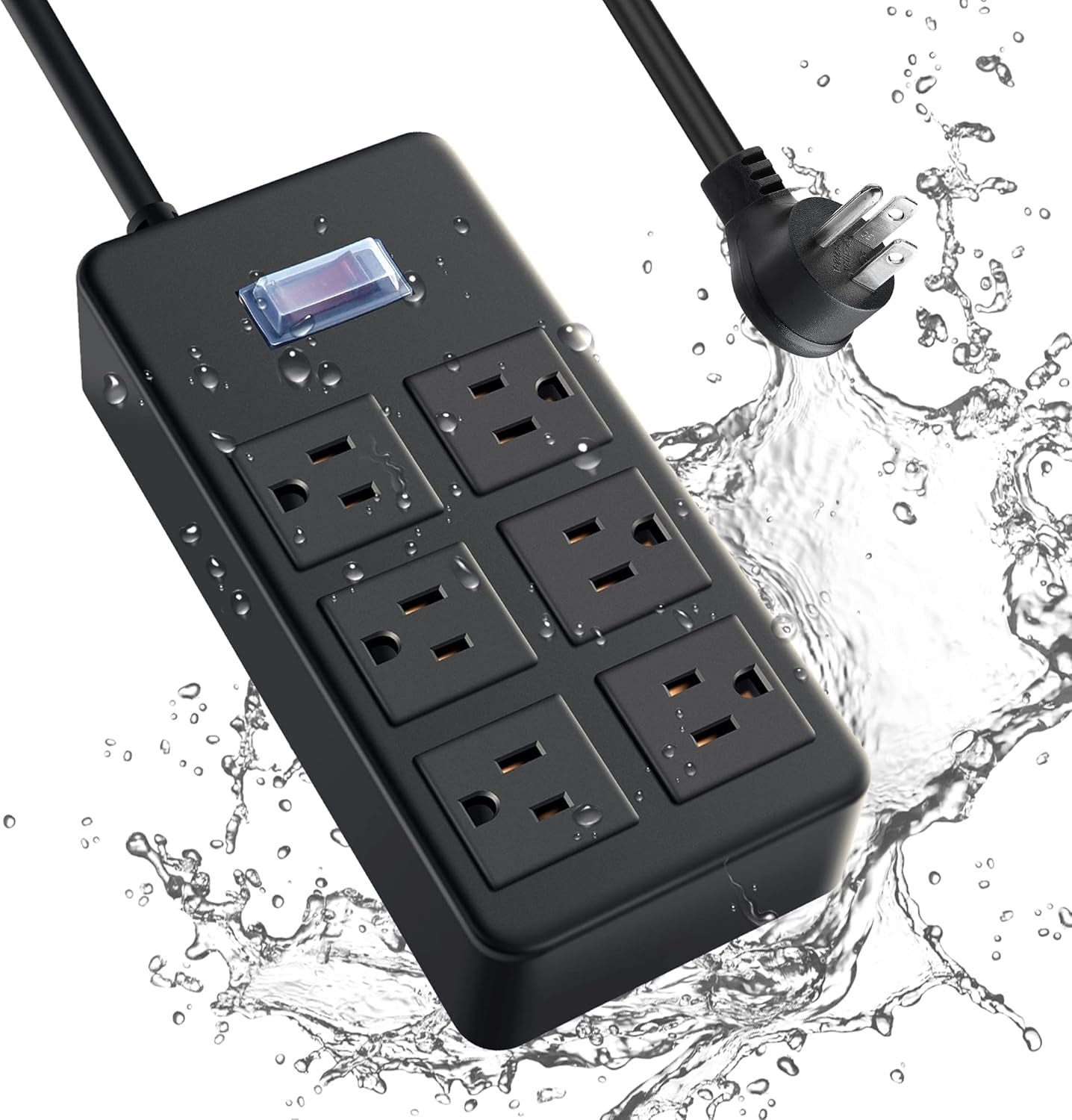 Outdoor Waterproof Power Strip, 6 Flat Plug Outlets, Widely Spaced Outlets,Mountable Weatherproof Surge Protector, Multi Outlet Extension for Camping, Garden, Kitchen, Bathroom, 6Ft Cord