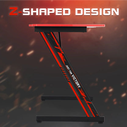 47 Inch Gaming Desk, Z Shaped PC Computer Desk Gaming Workstation with Headphone Hook, Ergonomic Gaming Table PC Desk for Game Players, Red