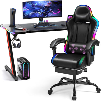 RGB Gaming Desk and Chair Set, Carbon Fiber Desktop Z-Shape Table Massage Ergonomics Racing Chair E-Sports LED Lights RGB Gaming Chair with Footrest, Black