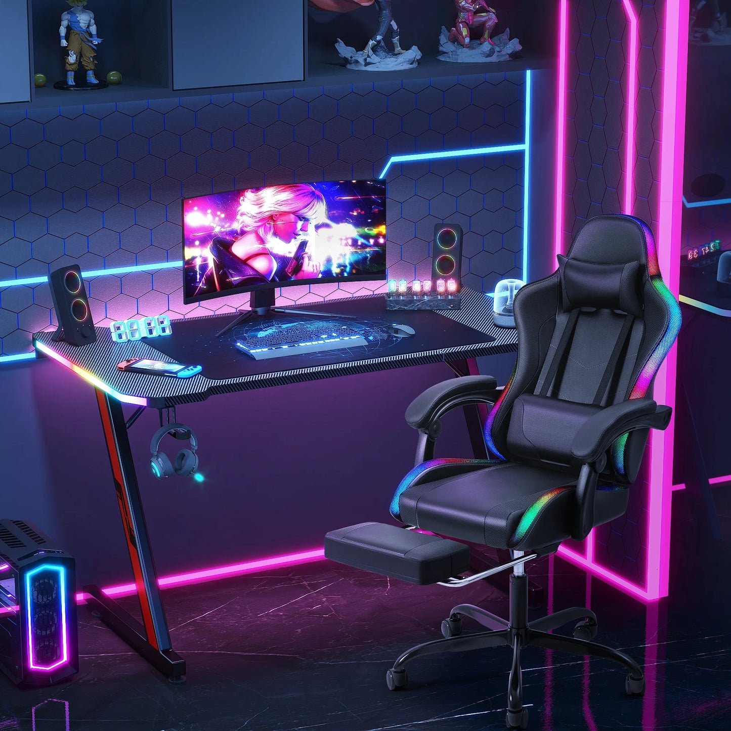 RGB Gaming Desk and Chair Set, Carbon Fiber Desktop Z-Shape Table Massage Ergonomics Racing Chair E-Sports LED Lights RGB Gaming Chair with Footrest, Black