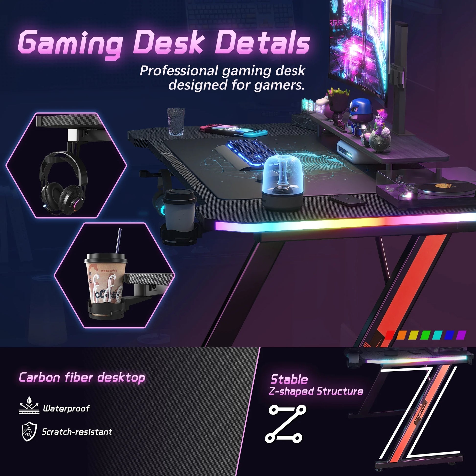 RGB Gaming Desk and Chair Set, Carbon Fiber Desktop Z-Shape Table Massage Ergonomics Racing Chair E-Sports LED Lights RGB Gaming Chair with Footrest, Black