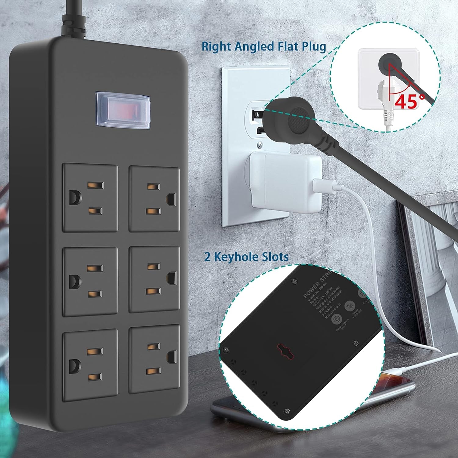 Outdoor Waterproof Power Strip, 6 Flat Plug Outlets, Widely Spaced Outlets,Mountable Weatherproof Surge Protector, Multi Outlet Extension for Camping, Garden, Kitchen, Bathroom, 6Ft Cord