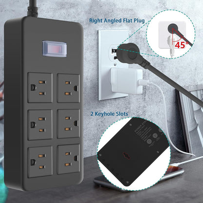 Outdoor Waterproof Power Strip, 6 Flat Plug Outlets, Widely Spaced Outlets,Mountable Weatherproof Surge Protector, Multi Outlet Extension for Camping, Garden, Kitchen, Bathroom, 6Ft Cord