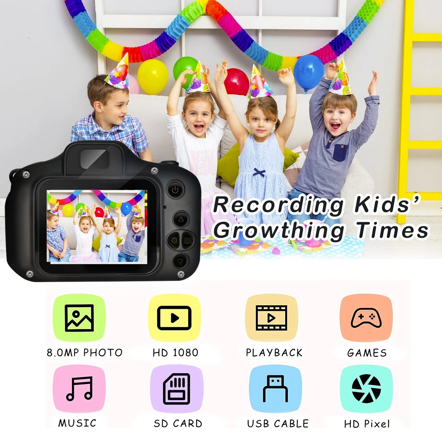 Kids Digital Camera ,HD Digital Video Cameras for Toddler 32GB SD Card-Black