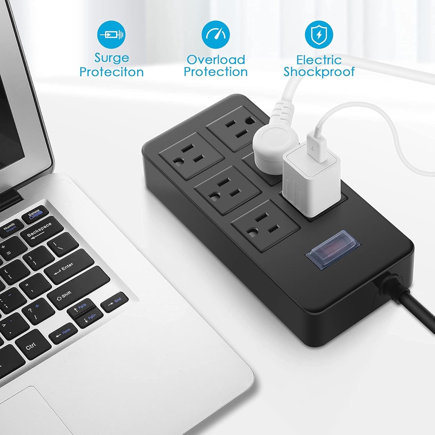 Outdoor Waterproof Power Strip, 6 Flat Plug Outlets, Widely Spaced Outlets,Mountable Weatherproof Surge Protector, Multi Outlet Extension for Camping, Garden, Kitchen, Bathroom, 6Ft Cord