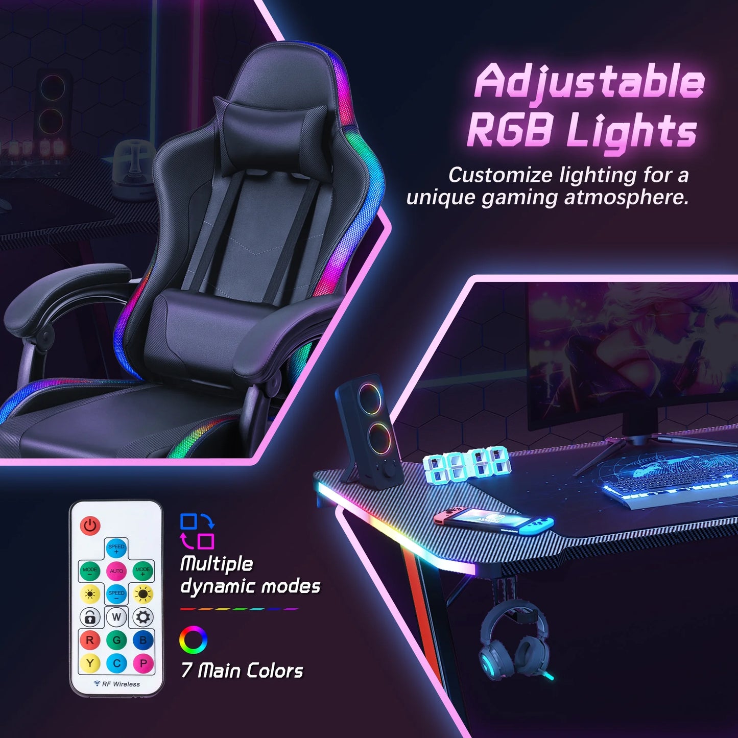 RGB Gaming Desk and Chair Set, Carbon Fiber Desktop Z-Shape Table Massage Ergonomics Racing Chair E-Sports LED Lights RGB Gaming Chair with Footrest, Black