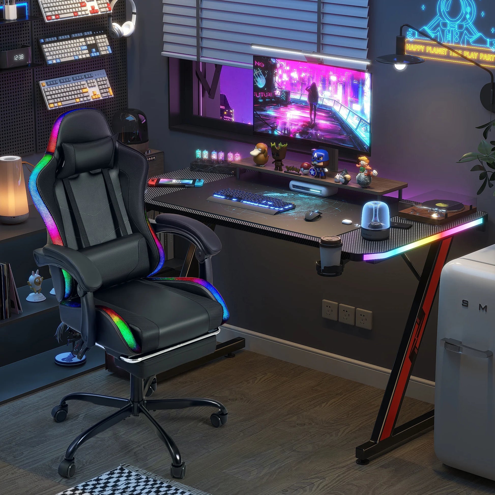 RGB Gaming Desk and Chair Set, Carbon Fiber Desktop Z-Shape Table Massage Ergonomics Racing Chair E-Sports LED Lights RGB Gaming Chair with Footrest, Black