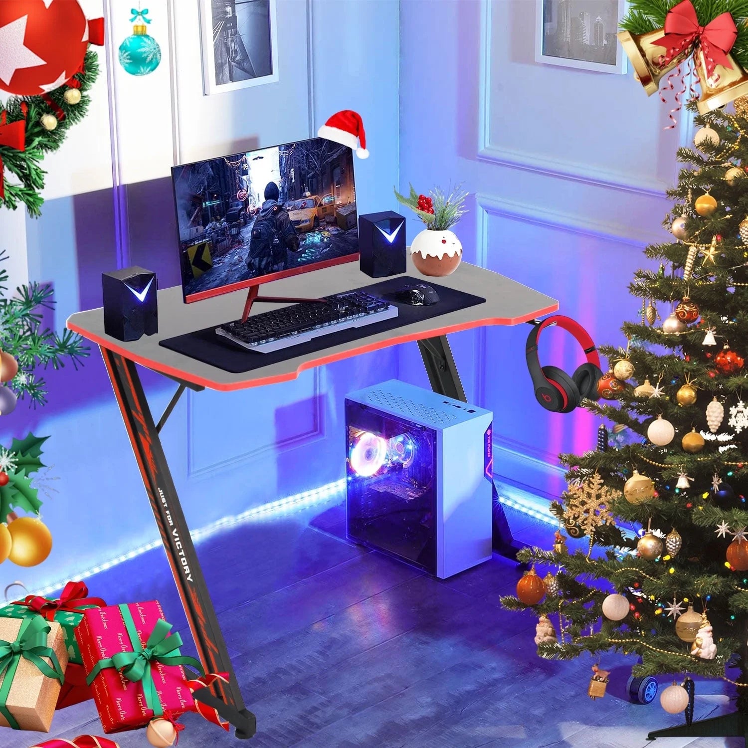 47 Inch Gaming Desk, Z Shaped PC Computer Desk Gaming Workstation with Headphone Hook, Ergonomic Gaming Table PC Desk for Game Players, Red