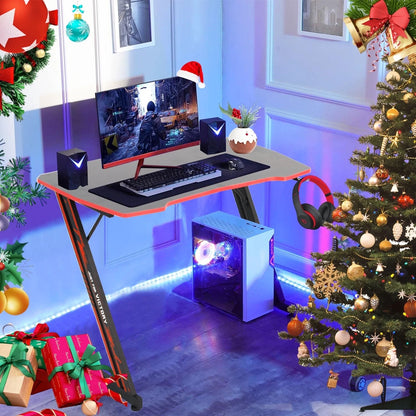 47 Inch Gaming Desk, Z Shaped PC Computer Desk Gaming Workstation with Headphone Hook, Ergonomic Gaming Table PC Desk for Game Players, Red