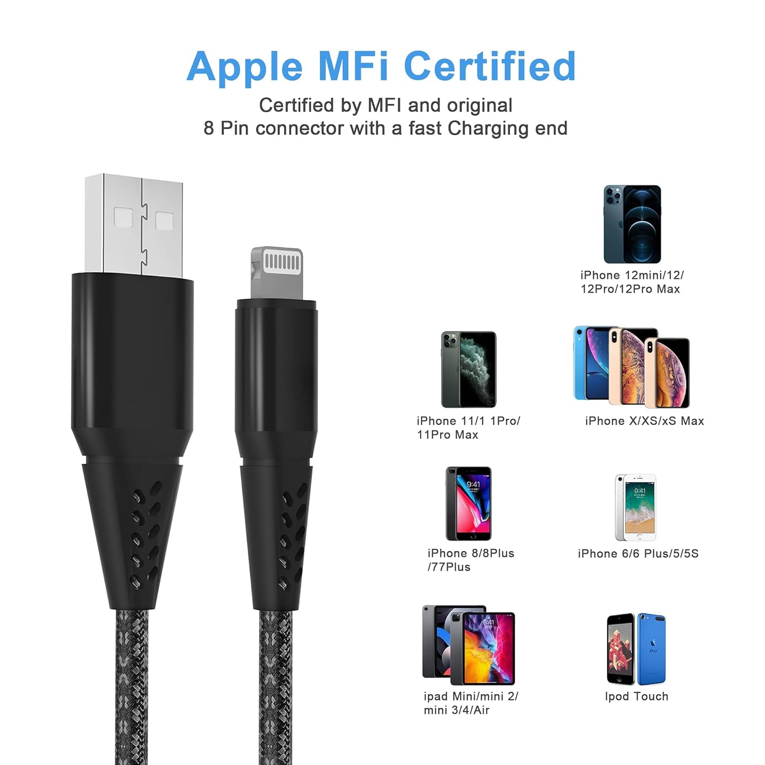 Long Iphone Charger Cord 16FT/5M [Apple Mfi Certified] Lightning Cable Extra Long Nylon Braided Fast Charger Cable 2.4A for Iphone 12 11 Pro X XS Max XR 8 7 6S 6 plus Se,Black