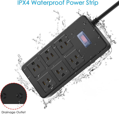 Outdoor Waterproof Power Strip, 6 Flat Plug Outlets, Widely Spaced Outlets,Mountable Weatherproof Surge Protector, Multi Outlet Extension for Camping, Garden, Kitchen, Bathroom, 6Ft Cord