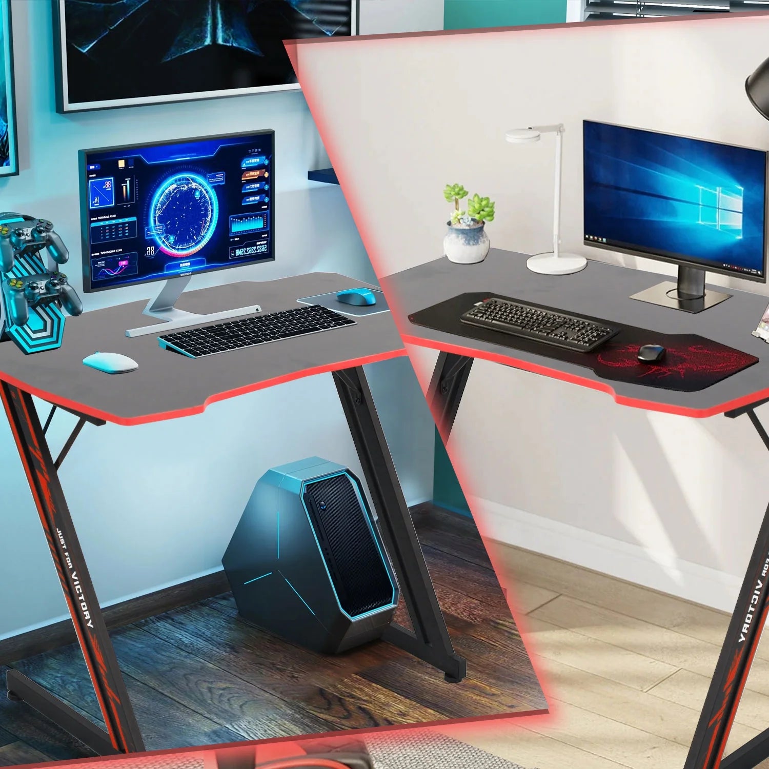 47 Inch Gaming Desk, Z Shaped PC Computer Desk Gaming Workstation with Headphone Hook, Ergonomic Gaming Table PC Desk for Game Players, Red