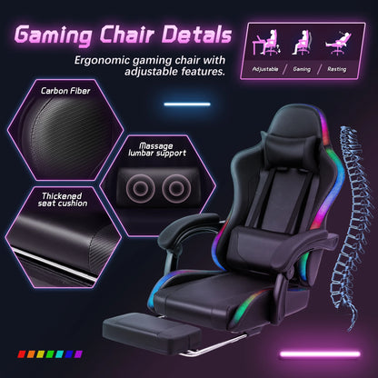 RGB Gaming Desk and Chair Set, Carbon Fiber Desktop Z-Shape Table Massage Ergonomics Racing Chair E-Sports LED Lights RGB Gaming Chair with Footrest, Black